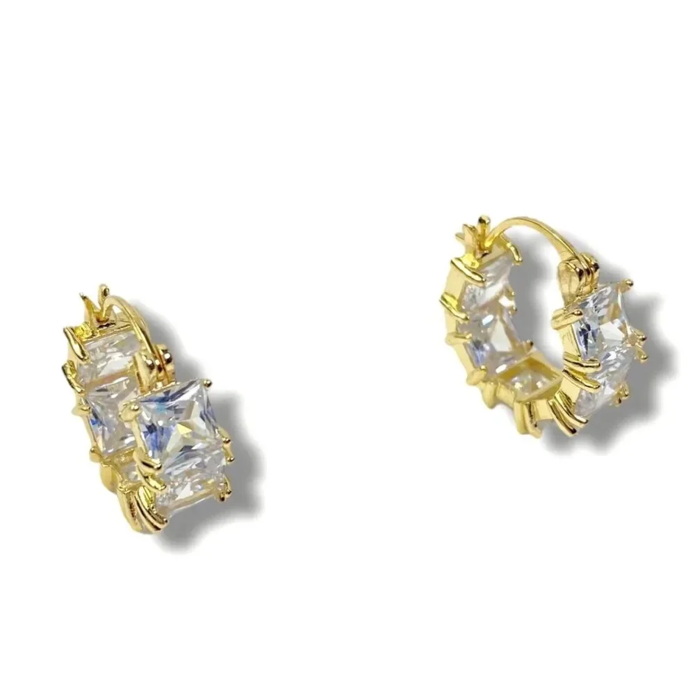 Square Crystal Hoop Earrings Gold Tone Sparkle Evening Elegant Formal Black Tie